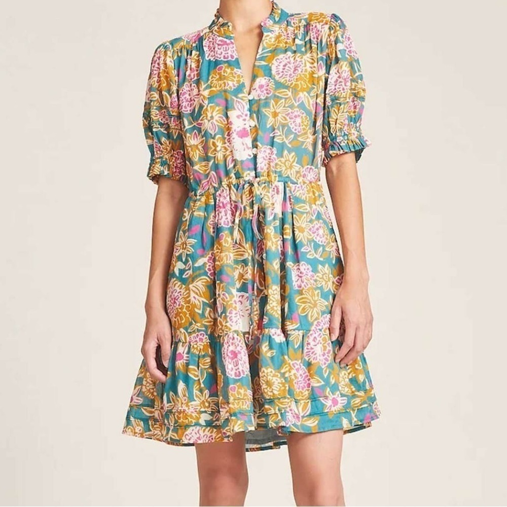TROVATA FLORAL RUFFLE PHOEBE DRESS - TEAL DEHLIA